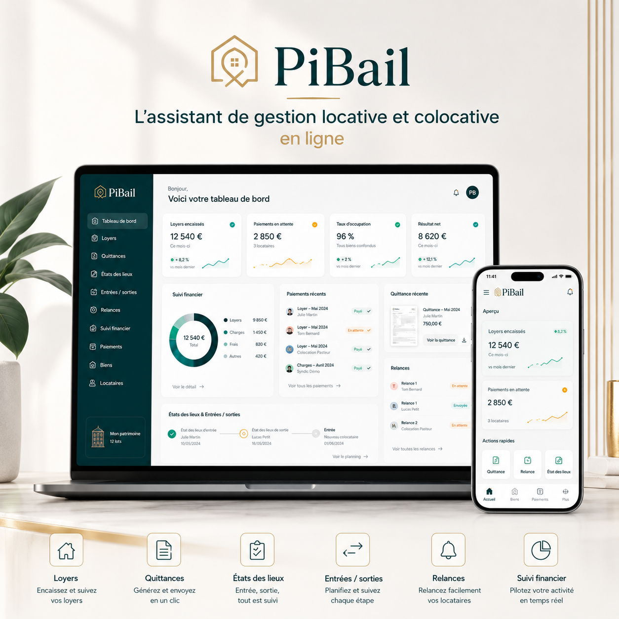 Aperçu de PiBail sur ordinateur et mobile pour centraliser loyers, quittances, cautions, entrées, sorties et états des lieux